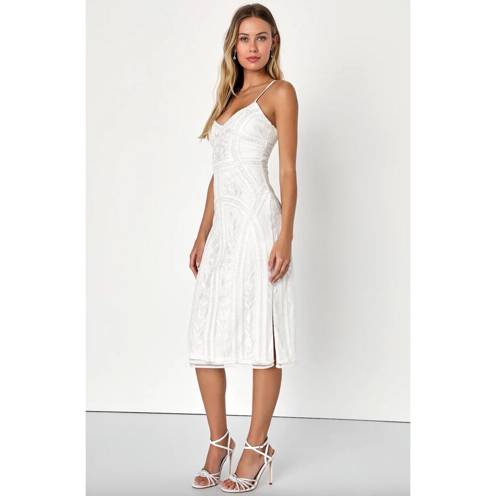 Lulus Alluring Interest White Sequin Embroidered Sleeveless Midi Dress Small NWT - Picture 4 of 13